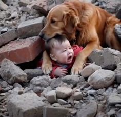 a baby and a dog laying on rocks