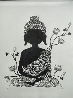 a black and white drawing of a person sitting in a lotus position with flowers growing out of it