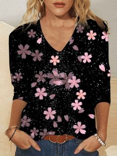 Womens Pink Floral Print Black T-Shirts Light Weight V-Neck Long Sleeve Tops S-5XL Pink Printed V-neck T-shirt, Casual Black V-neck Top For Fall, Black T-shirt With Floral Print For Fall, Black Long Sleeve Floral Print T-shirt, Black V-neck T-shirt With Graphic Print, Black V-neck Top For Spring, Black Graphic Print V-neck Top, Black V-neck T-shirt For Spring, Black Printed V-neck Top