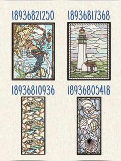 four different stained glass panels with numbers and symbols on them, each depicting the lighthouse