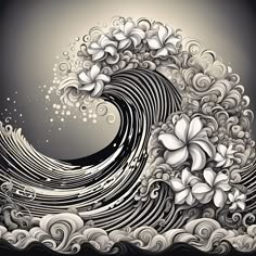 an artistic drawing of a wave with flowers on it's side and waves in the background