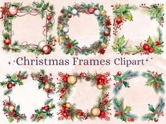 christmas frames clipart with holly, mist and baubles