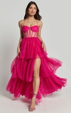 Ariel Maxi Dress - Tiered Tulle Bustier Halter Dress in Hot Pink Pink Shade, Tulle Fabric, Halter Neckline, In Hot, Fit & Flare, Ariel, Polyester Material, Halter Dress, Hot Pink