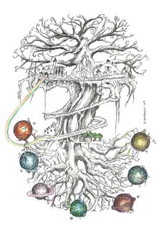 a drawing of a tree with many different types of things around it, including the roots and