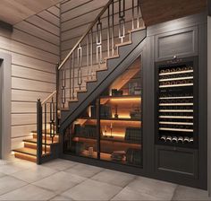 a wine cellar under the stairs in a house