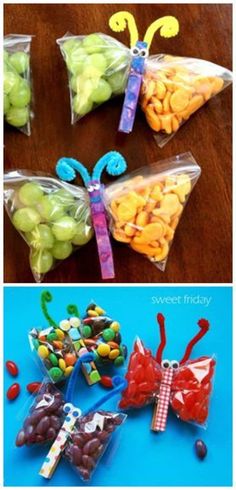 three different pictures of candy in bags with butterflies on them