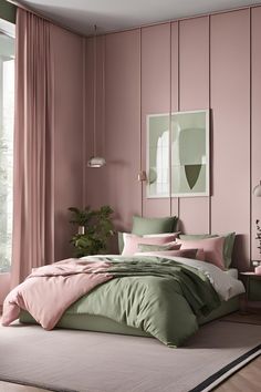 a bedroom with pink walls and green bedding