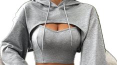 Affordable Gray Hooded Top With Drawstring, Stretch Hoodie With Drawstring, Stretch Drawstring Hoodie Tops, Fitted Long Sleeve Gray Hoodie, Gray Drawstring Top For Fall, Gray Drawstring Hoodie, Fitted Gray Spring Sweatshirt, Trendy Cropped Top With Drawstring Hood, Gray Stretch Top With Drawstring Hood