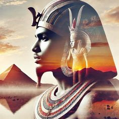 an egyptian woman with her head turned to the side, and pyramids in the background