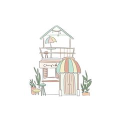 a drawing of a house with an umbrella over it's roof and some potted plants