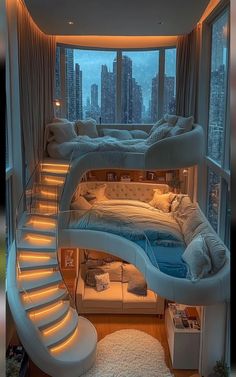 a bedroom with a spiral staircase leading up to the bed in front of a large window