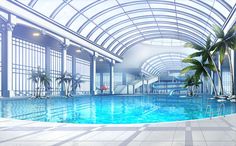 a large indoor swimming pool with palm trees in the center and skylights above it