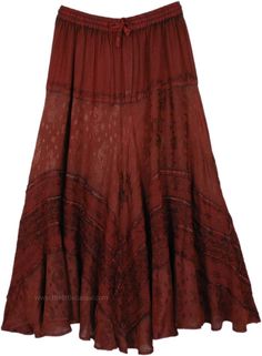 A beautiful deep rust-red long skirt in rayon. It has the perfect ensemble of delicate self embroidery. #tlb #Embroidered #Misses #MaxiSkirt #bohemianfashion #RenaissanceSkirt #Rayonlongskirt #costumeskirt Red Bohemian Embroidered Skirt, Red Embroidered Bohemian Skirt, Red Embroidered Bohemian Bottoms, Bohemian Embroidered Red Skirt, Western Long Skirt, Long Red Skirt Outfit, Rodeo Skirt, Skirts Aesthetic, Hippy Skirt