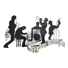 the silhouettes of people are playing music on musical instruments and trelliss in front of a white background