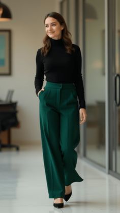 Woman in wide-leg trousers and turtleneck office outfit Winter Professional Outfits Women Work, Turtleneck Office Outfit, Office Attire Women Professional Outfits Classy Business Casual, Rainy Day Work Outfit, Business Formal Outfit, Outfits For The Office, Winter Work Outfits, Green Pants Outfit, Sleek Jumpsuit