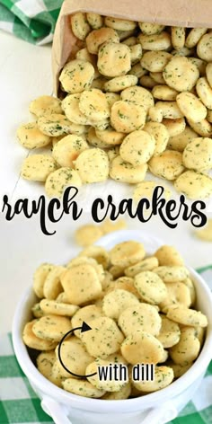 ranch crackers in a white bowl on a green and white checkered tablecloth