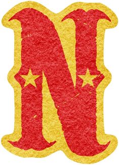 the letter n is made up of red and yellow glitters with stars on it