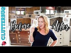 a woman standing in front of a kitchen with the words before and after on it