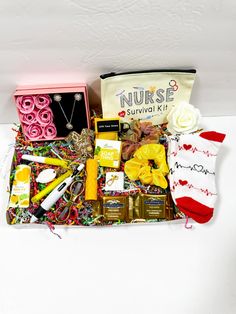 an assortment of personal care items laid out on a white surface with the words nurse survival kit written above it