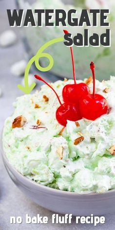 there is a large bowl filled with food and the words watergate salad below it