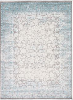 a blue and white rug with an ornate design