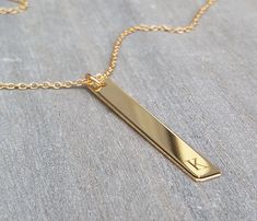 Long bar necklace Vertical gold bar necklace Gold by HLcollection Elegant Gold Bar Necklace With Rectangular Pendant, Engrave Necklace, Minimalist 14k Gold Bar Necklace With Rectangular Pendant, Elegant Personalized Bar Necklace With Rectangular Pendant, Gold Bar Necklace With Rectangular Pendant For Personalized Gift, Personalized Rectangular Pendant Bar Necklace, Custom Engraved Necklace, Vertical Bar Necklace, Gold Beauty