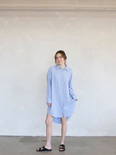 Pin striped button down shirt dress with side pockets! - Sizing: Model is 5'8", wearing a size S - Content: 70% Rayon, 30% Polyester Care: Handwash recommended Imported Stella Dress, Button Down Shirt Dress, Dress Home, Color Powder, Powder Blue, Button Down Shirt, Shirt Dress, Dresses, How To Wear