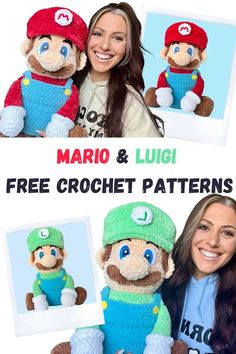 a woman is holding two stuffed animals and posing for the camera with mario and luigi