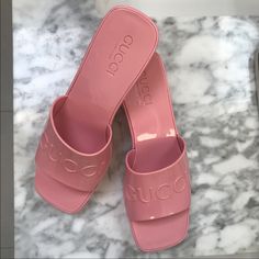 Never Worn. Bought From Another Posher But Never Get A Chance To Wear It. Only Reasonable Offers! Chic Gucci Flat Sandals, Gucci Pink Open Toe Sandals, Gucci Block Heel Summer Heels, Gucci Block Heels For Summer, Summer Gucci Block Heels, Chic Gucci Sandals For Summer, Trendy Gucci Sandals For Summer, Gucci Casual Pink Sandals, Trendy Pink Gucci Sandals