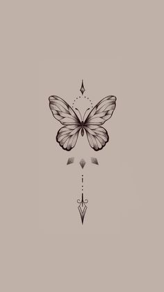 a black and white drawing of a butterfly on a light gray background with an arrow in the middle