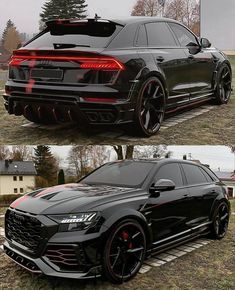 the front and side view of a black car with red lights on it's taillights