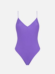 Woman one piece swimsuitShiny purple solid colorThin strapsRegular fitV neckComposition: 90% Polyamide, 10% elastaneCare instructions: Cold hand wash. Do not soak. Do not iron. Do not dry off in contact with other garments. Rinse after contact with chlorine or salt water Purple V-neck Swimwear With Lined Body, Solid Color Spaghetti Strap Party Bodysuit, Spaghetti Strap Party Bodysuit, Sleek Solid Color Summer Leotard, Sleek Solid Leotard For Summer, Seamless Party Bodysuit With Spaghetti Straps, Party Bodysuit With Spaghetti Straps And Seamless Design, Elegant Purple Swimwear For Summer, Purple One-piece Party Swimwear