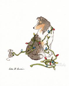 a drawing of a dog with christmas lights on it's neck and tail, sitting next to a mouse