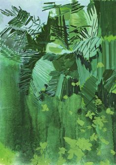 an abstract painting of green leaves and plants in the woods with blue sky behind it