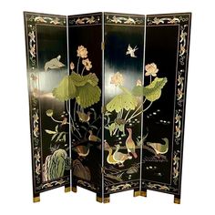 1960’s Black Lacquered Asian Hand-Painted 4 Panel Room Divider Room Shelf Divider, Japanese Screen Divider, Chinese Kitchen Design, Chinese Room Divider, Asian Room, 70s Interior Design, Chinese Screen, Asian Inspired Decor, Asian Interior Design