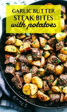 garlic butter steak bites with potatoes in a skillet