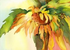 a watercolor painting of a sunflower with green leaves on it's back