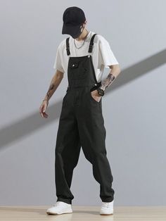 Men Slant Pocket Denim Overall Without Tee Black    Denim Plain Overall Non-Stretch  Men Clothing, size features are:Bust: ,Length: ,Sleeve Length: Men's Jumpsuit, Black Overalls Outfit Men, Black Overalls Outfit Grunge, Overalls Outfit Grunge, All Black Fits Men, Men Overalls Outfits, Overalls Outfit Men, Black Baggy Jeans Outfit, Overalls Men Fashion