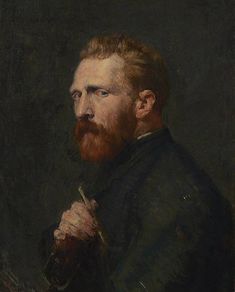 a painting of a man with a beard holding a paintbrush in his right hand