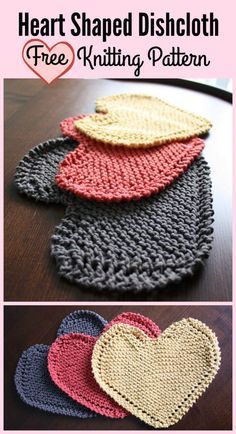 crocheted heart shaped dishcloth is shown with the text, free knitting pattern