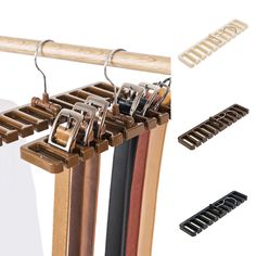 a wooden rack holding several pairs of scissors and other items to use as clothes hangers