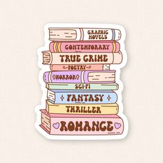 a stack of books sticker with the words, love and romance written on it