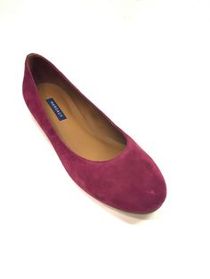 MARGAUX   Strawberry-Pink Suede Ballet Flats Shoes Size: EU 40/ US 10 Description & Details: Suede Uppers Rounded Toes Burgundy Patent Leather Trim at Quarters Tan Leather Insoles and Lining 5 mm Plush Foam Padding Natural Leather Soles and Heels with Rubber Inserts Hand-Made in Spain Measurements: Size: 10B Heel to Toe: 10.25" Width: 3.25" Heel: 3/8" Condition: Excellent. Minimal signs of wear at the soles and heels. BIS Designer Resale receives all of our items from the homes and clos Pink Almond Toe Flats With Rubber Sole, Pink Slip-on Flats With Rubber Sole, Pink Slip-on Flats With Leather Sole, Pink Almond Toe Flats Medium Width, Pink Almond Toe Flats With Medium Width, Pink Slip-on Flats With Removable Insole, Pink Medium Width Closed Toe Flats, Pink Closed Toe Flats With Leather Sole, Pink Suede Flats