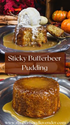 sticky butterbeer pudding with ice cream on top and pumpkins in the background