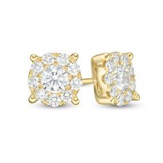 A must-have accessory, these diamond stud earrings are a sweet everyday style. Created in 14K gold, each splendid earring features a 1/4 ct. diamond sparkling in a diamond-lined frame. Dazzling with 1 ct. t.w. of diamonds and a bright polished shine, these earrings secure comfortably with friction backs. Yellow Gold Cluster Earrings With Diamond Accents, Gold Diamond Cluster Earrings With Halo Design, Yellow Gold Diamond Cluster Earrings With Halo, 14k Gold Cluster Earrings With Halo Design, 14k Gold Diamond White Earrings With Halo Setting, Yellow Gold Round Cut Diamond Cluster Earrings, Yellow Gold Cluster Earrings With Diamond Cut, Yellow Gold Cluster Earrings With Halo Setting, Yellow Gold Cubic Zirconia Cluster Earrings With Halo Design