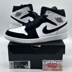 Elevate your sneaker game with these Nike Air Jordan 1 Mid SE Diamond sneakers in a classic black and white colorway. Perfect for casual wear, these limited edition shoes boast a mid-top silhouette with a faux leather upper material and medium shoe width. They come in men's size 10.5 (UK 9.5, EU 44.5) and have a style code of DH6933-100. These retro-inspired sneakers feature a Nike Air Diamond model with a throwback 80s and 90s theme. The shoes are 100% authentic guaranteed and include a domestic return for US customers. Ideal for basketball or any athletic activity, these shoes are sure to turn heads and make a statement. Leather High-top Air Jordan 4, Air Jordan 4 High-top Synthetic Sneakers, Air Jordan 4 High-top With White Sole, Air Jordan 4 White Sole High-top Synthetic, Air Jordan 4 Low-top White Sole Synthetic, Casual Air Jordan 4 High-top With Contrast Sole, Casual Air Jordan 4 With Contrast Sole, Air Jordan 4 Mid-top With Cushioned Footbed, Nike Air Jordan 4 High-top