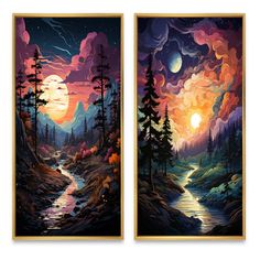 two paintings depicting the night and day with mountains, trees, and water in them