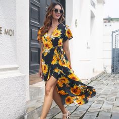 F00132091-304 Wedding Getaway, Sunflower Dress, Flounced Dress, Split Dress, Tropical Wedding, Ruffled Maxi Dress, Floral Print Shorts, Vacation Dresses, Festival Dress