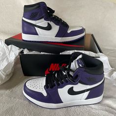 Brand New Jordan Retro 1 High Court Purple (2020) Never Worn Only Tried On Size 8.5 Men’s Includes Extra Set Of Tie-Dye Laces Purple Basketball Shoes With Contrast Sole, Purple Sports Sneakers With Contrast Sole, Purple Sneakers With Contrast Sole For Sports, Purple Lace-up Basketball Shoes With Contrast Sole, Purple Leather High-top Sneakers With Boost Midsole, Purple Leather Sneakers With Cushioned Footbed, Purple Sneakers With Contrast Sole And Round Toe, Purple High-top Sneakers With Contrast Sole, Purple Leather Jordan Shoes With Round Toe