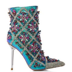 Crisp Embellished Gem Multicolor Stiletto Bootie By Azalea Wang The Crisp Embellished Stiletto Bootie In Multi By Azalea Wang Is Made From A Pebbled, Iridescent Vegan Leather Upper And Features A Mid-Calf Height Shaft, A Pointed Toe Silhouette, A Reflective Stiletto Heel, And An Inner Ankle Zipper Closure. Complete With Grid-Patterned Rhinestone Link Trim And Ornate Gem And Beaded Detailing. - Faux Leather Upper - Pointed Toe - Stiletto Heel - 4��” Shaft Height - 4.5” Heel Height Bundle & Save! Ne Glamorous Blue Rhinestone Boots, Boot Bling, Pu Boots, High Heels Boots, Boots For Short Women, Crystal Heels, Azalea Wang, Boots Platform, Weather Boots